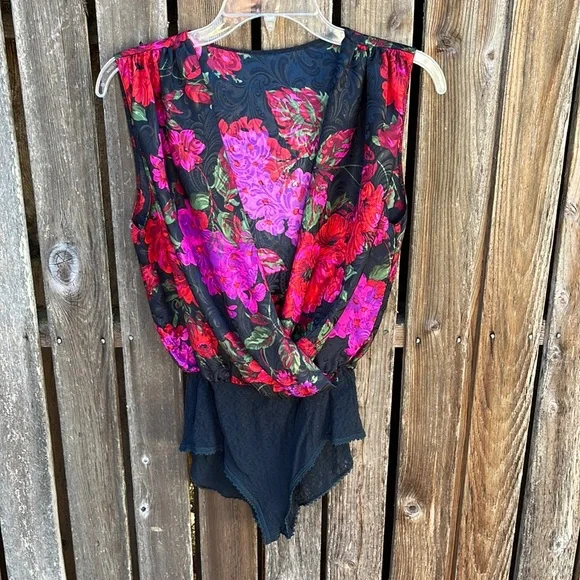Vintage Tops | Vintage Bodysuit Tank Wrap Front 90s Sexy Satin | Color: Black/Pink | Size: M